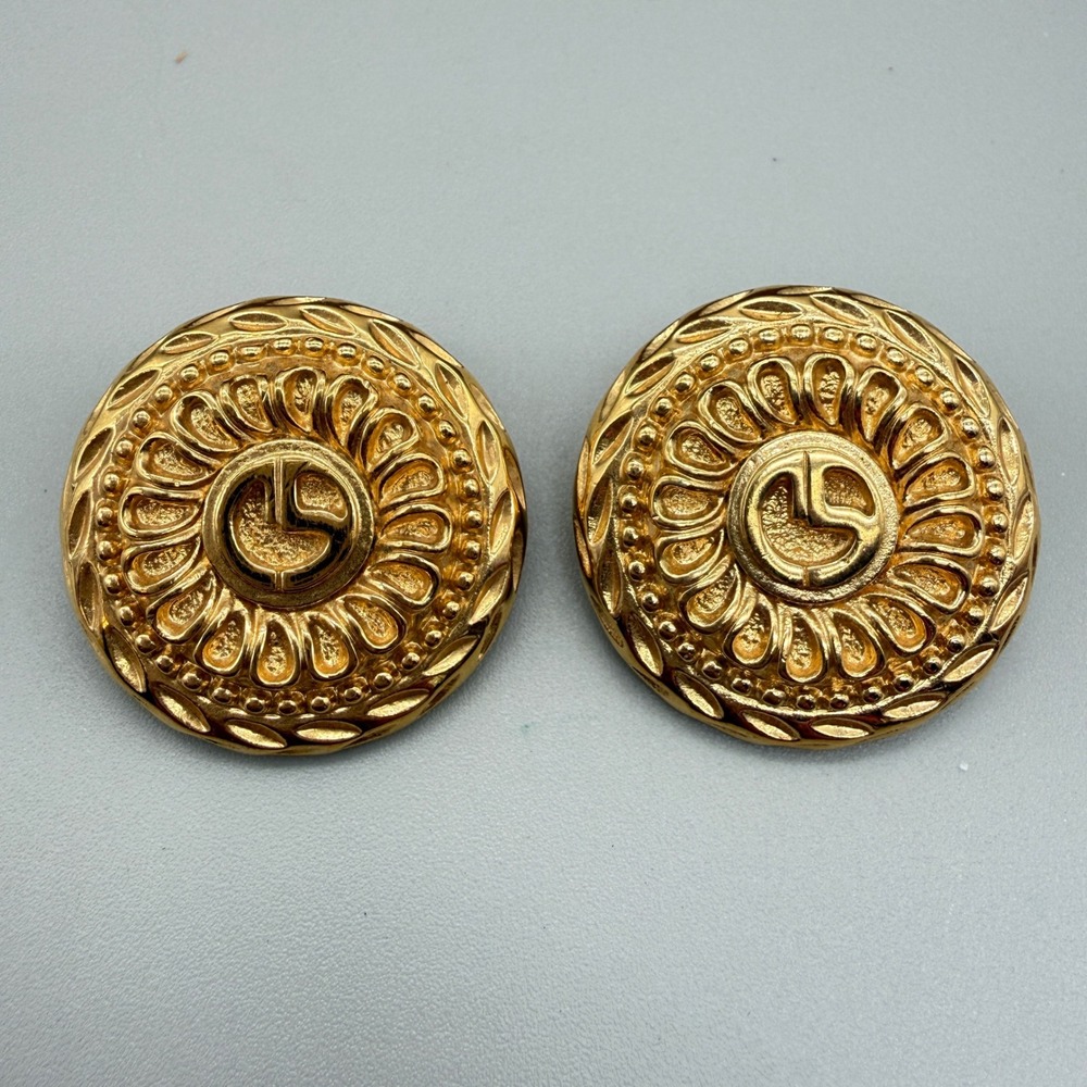 St John Vintage Gold Tone SJ Logo Sunburst Clip On Button Earrings 1.25 Inch - Picture 8 of 9